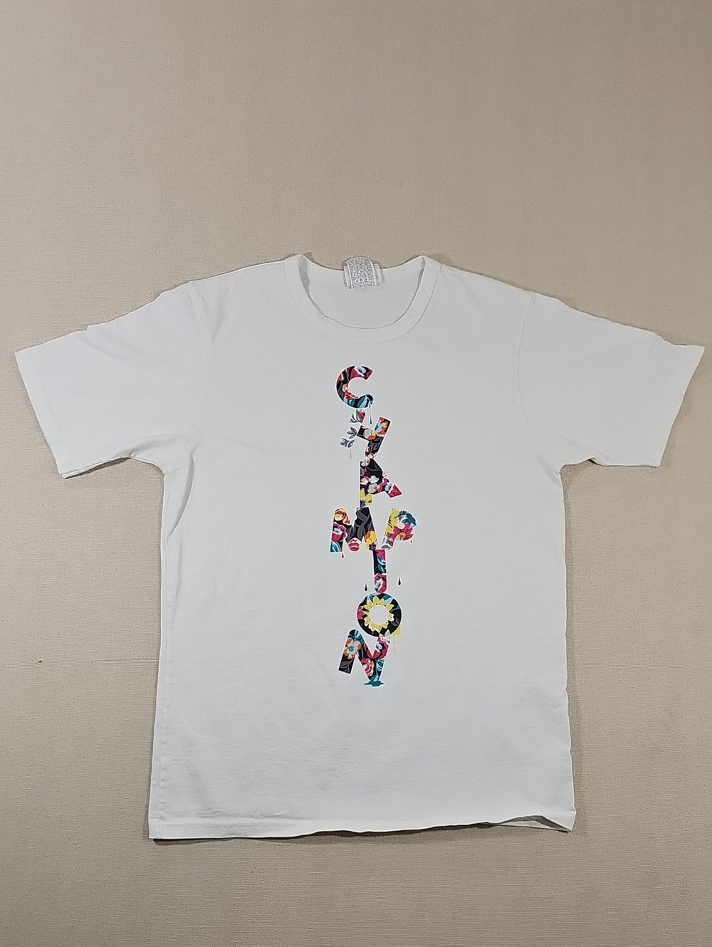 Champion White Short Sleeve Tee with Blue Tag and Red Size Print - Medium